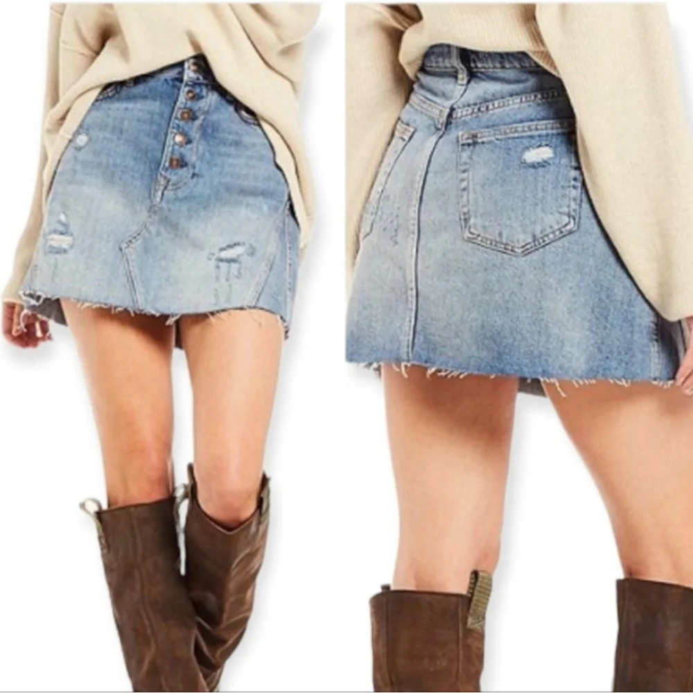 We the Free Denim Mini Skirt Distressed Button Fly - Picture 5 of 15